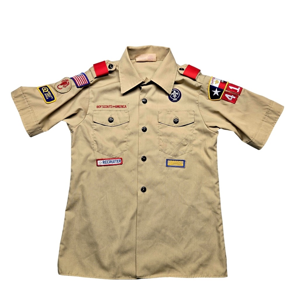 Vintage Boy Scouts of America Shirt Youth Medium Tan Short Sleeve Patch 2004 USA